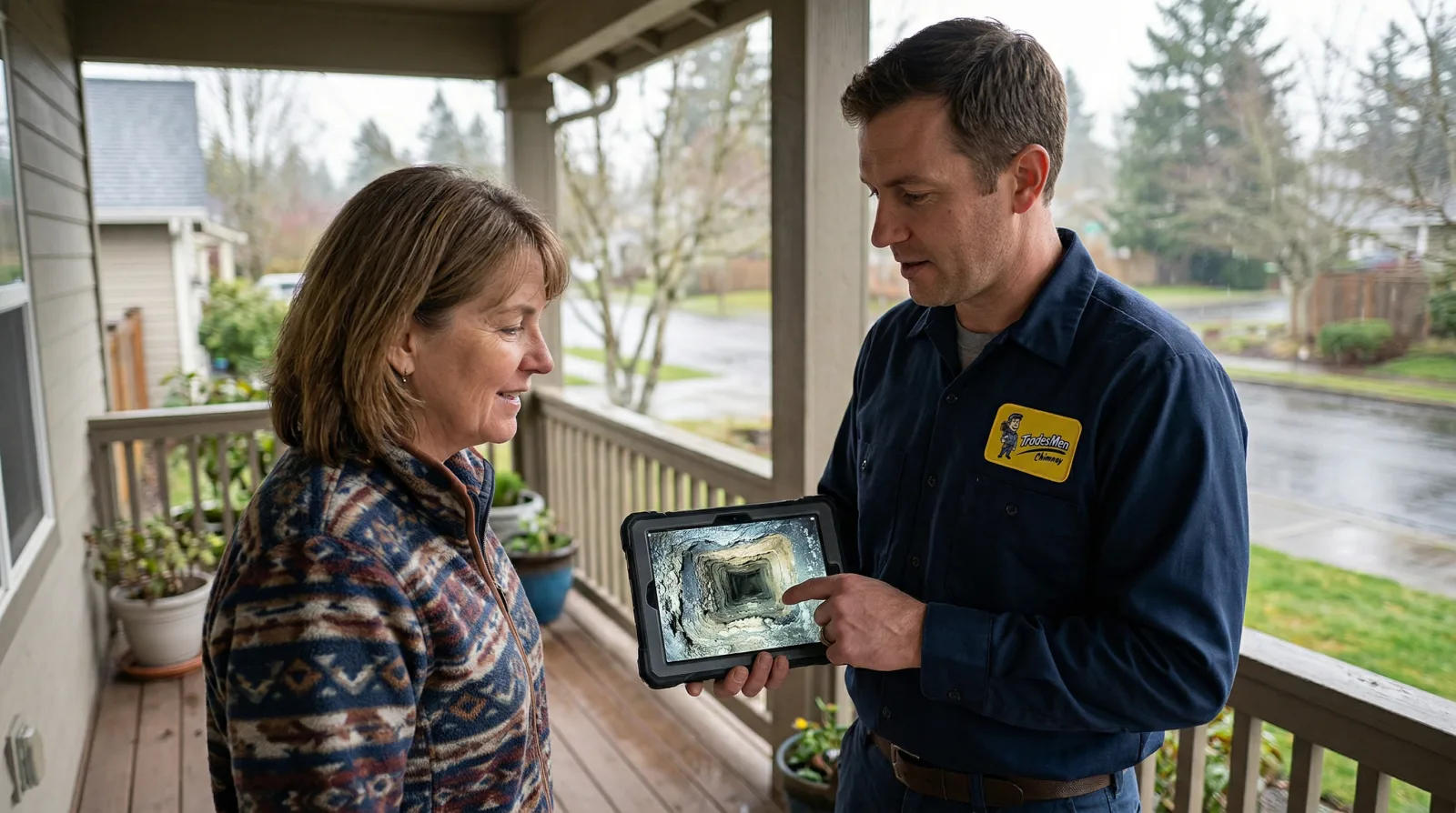 TradesMen Chimney technician walking a Tigard, Oregon homeowner through her chimney inspection report on a front porch