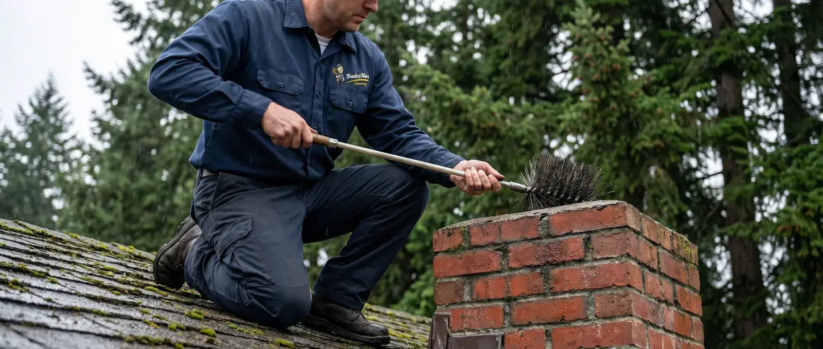 TradesMen Chimney sweep in uniform cleaning a red brick chimney with a rotary brush on a moss covered rooftop in Tigard, Oregon