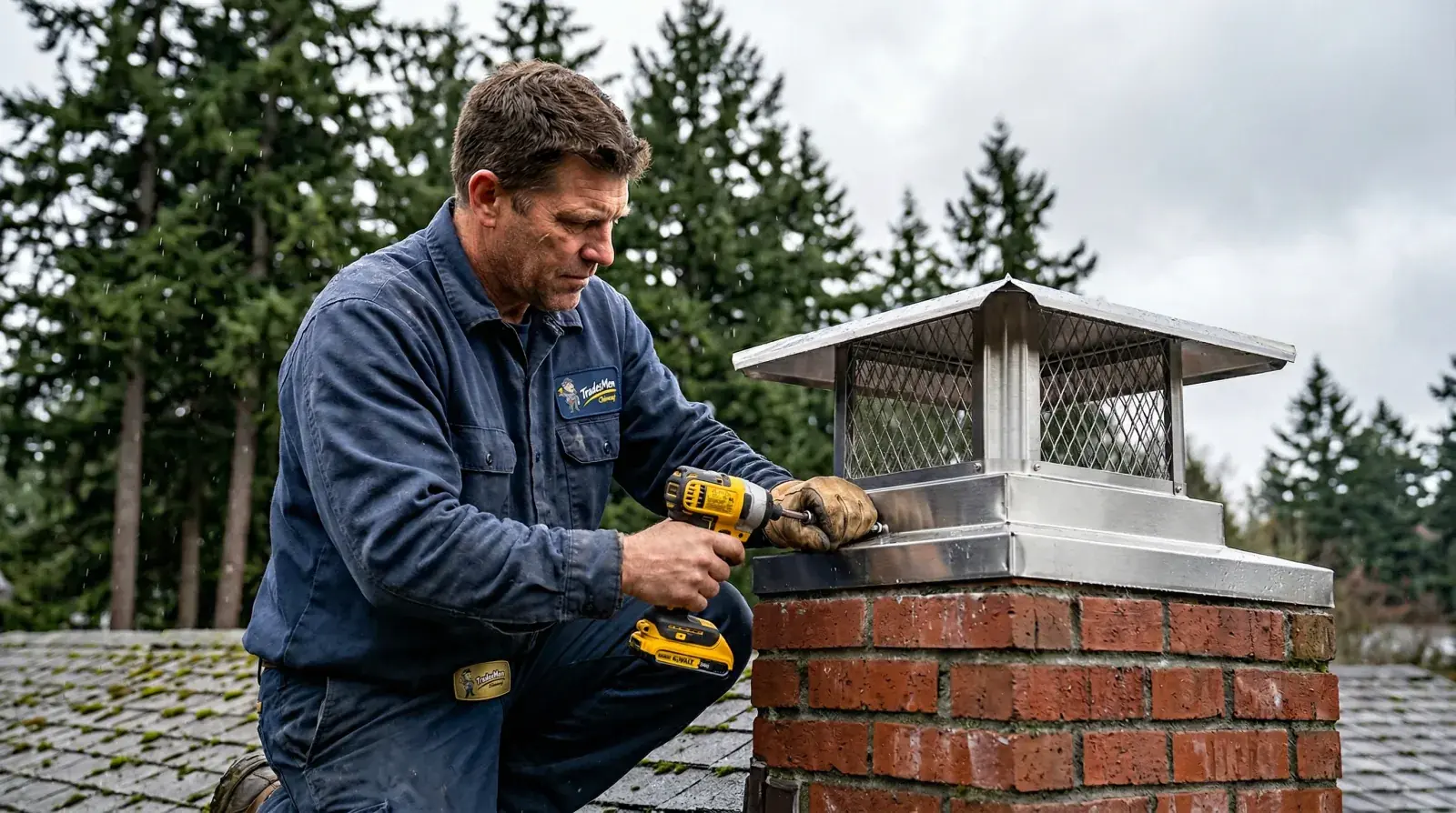TradesMen Chimney technician installing a brushed stainless steel multi flue chimney cap on a red brick chimney in Tigard, Oregon