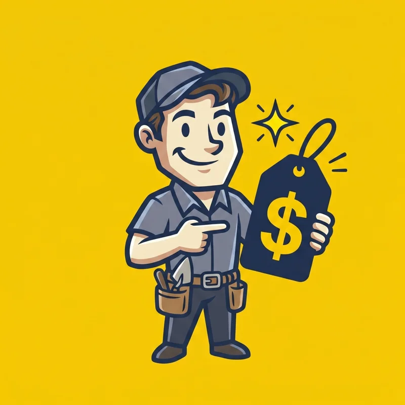 TradesMen Chimney mascot pointing to a navy price tag with a yellow dollar sign