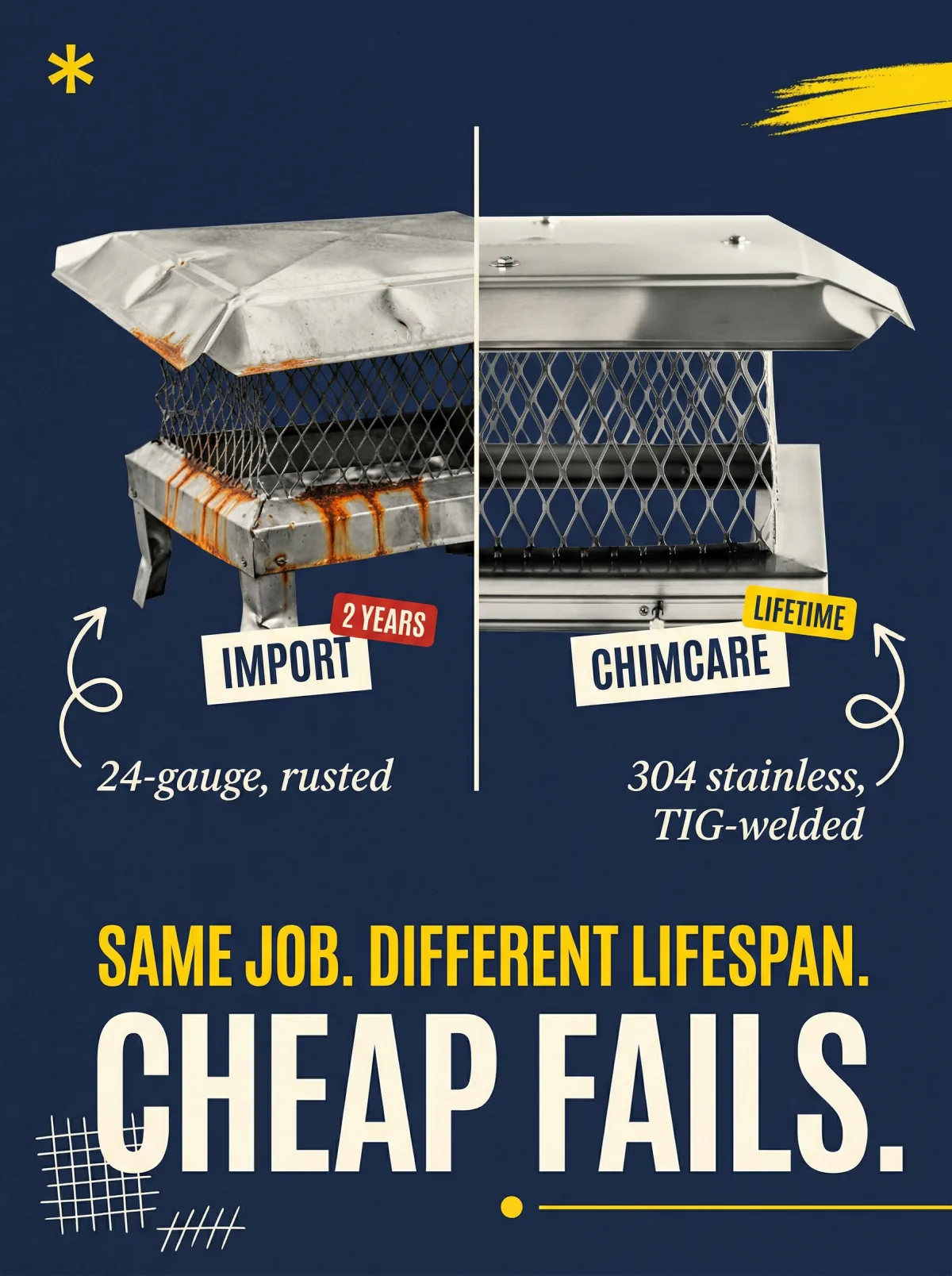 Editorial poster comparing a rusted cheap import chimney cap to a ChimCare stainless cap