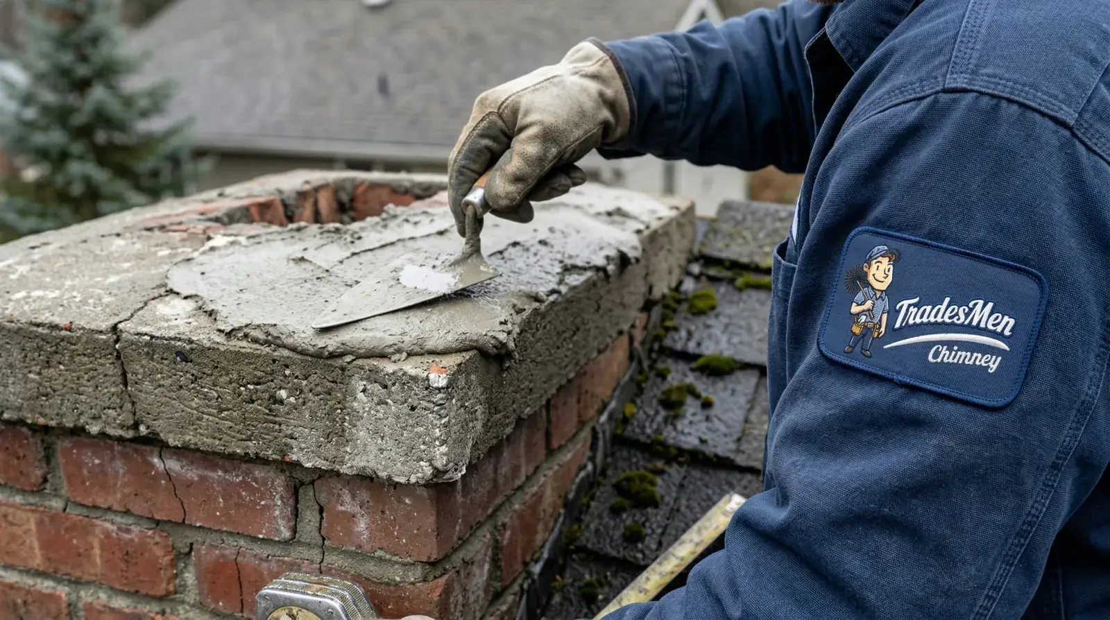 TradesMen Chimney technician repairing a cracked concrete chimney crown with fresh mortar and a trowel