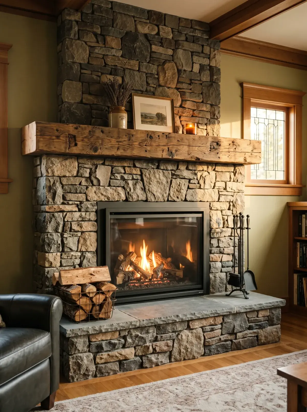 Custom stone hearth and mantle surrounding a newly installed gas fireplace