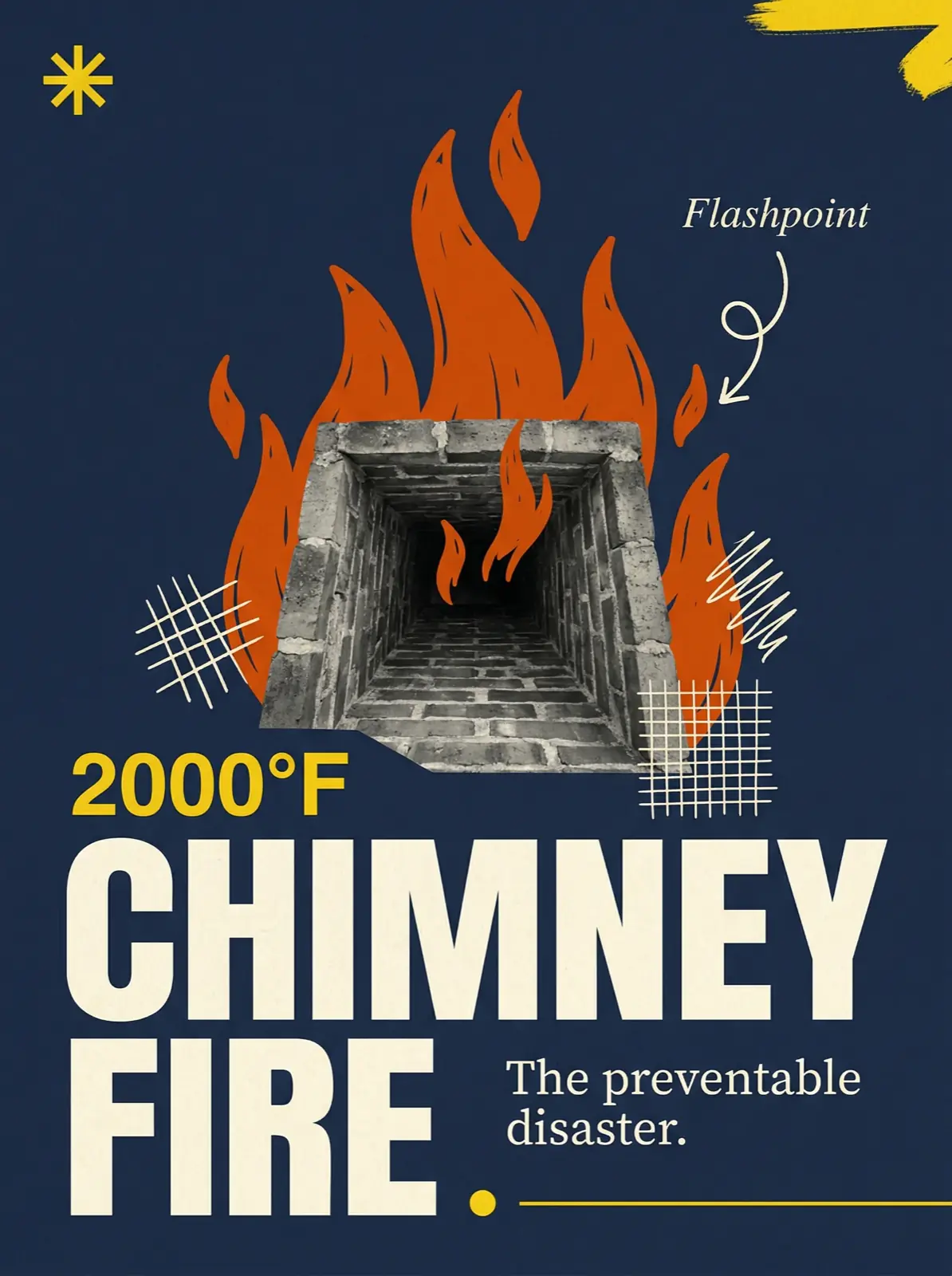 Chimney fire cutaway showing flames reaching 2000°F inside the flue